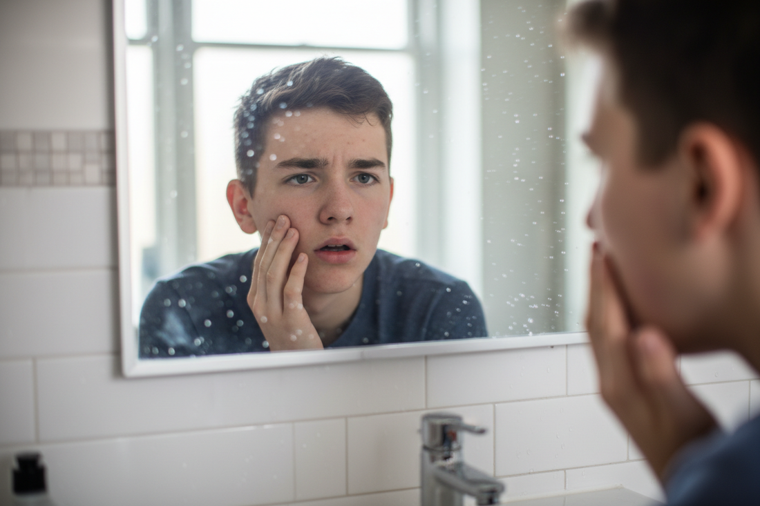 A teenager having sensitive reactive dry skin looking at mirror